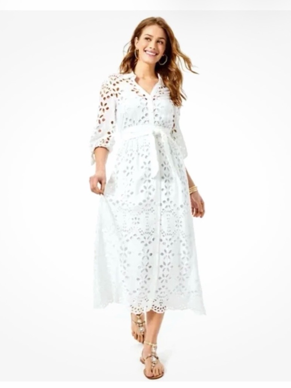 Lilly Pulitzer Amrita White Eyelet Shirtdress with Waist Tie